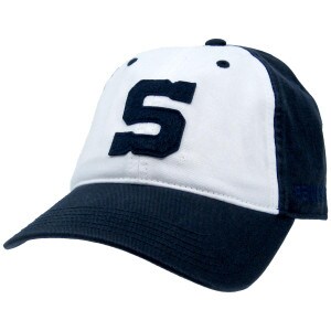 navy hat white front panels with stitched felt block S